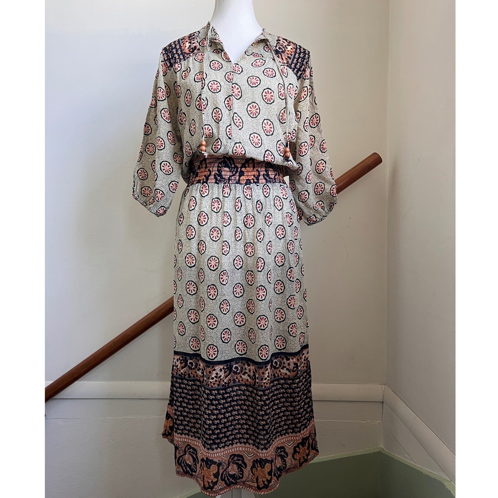 Vintage 70s Midi Dress Boho Smocked Waist Semi Sheer Peasant Batik Block Print