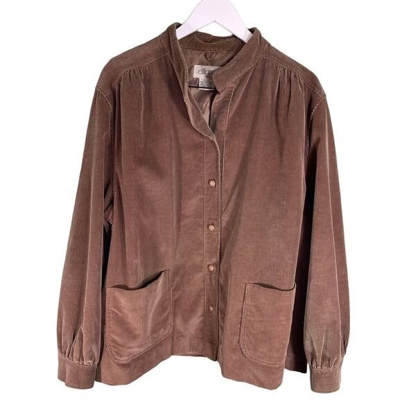 Ellen B Corduroy Jacket Women 46 Brown Vintage Button Front Pocket Made in Japan