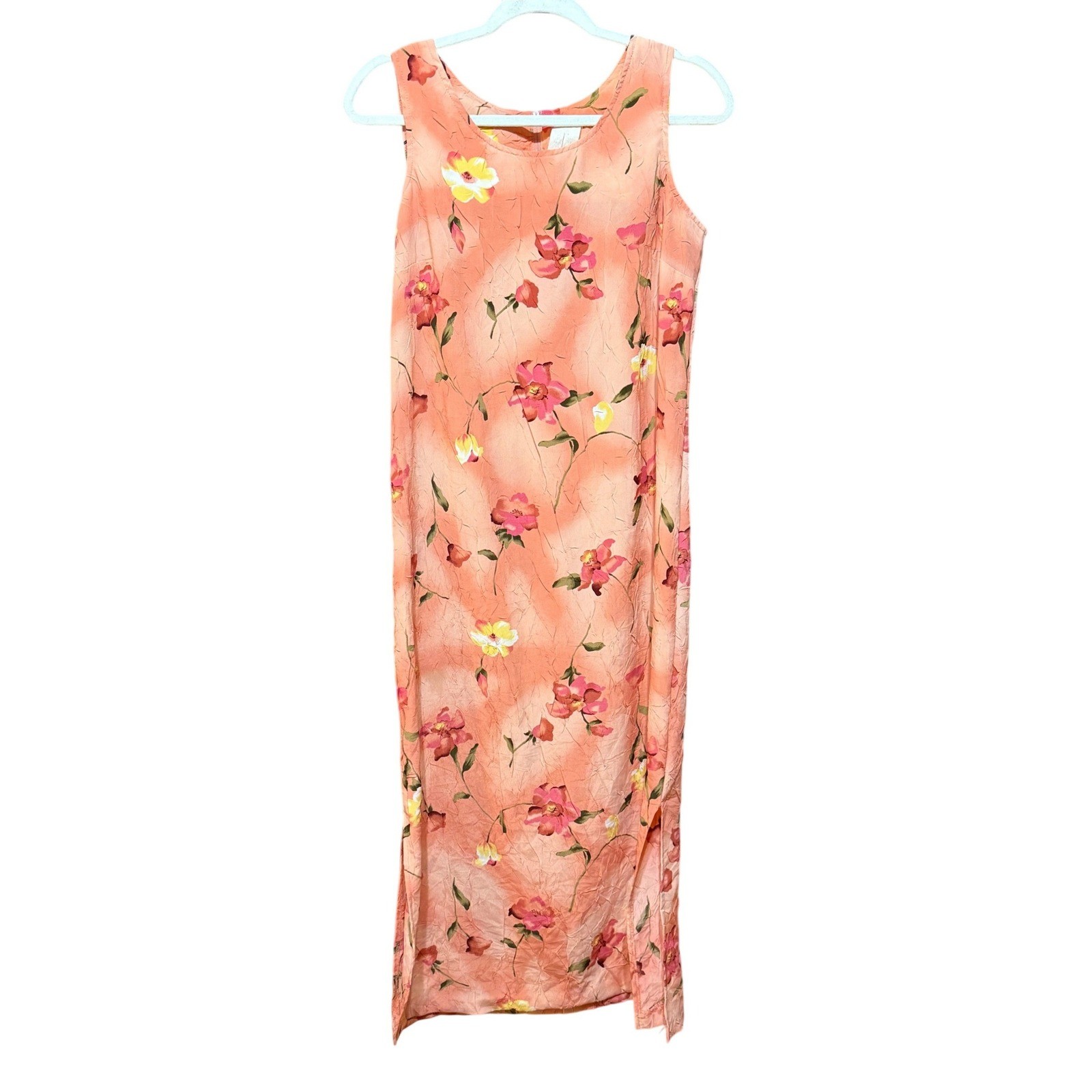 Vintage Peach Floral Crinkle Sleeveless Maxi Dress Pink Yellow Botanical