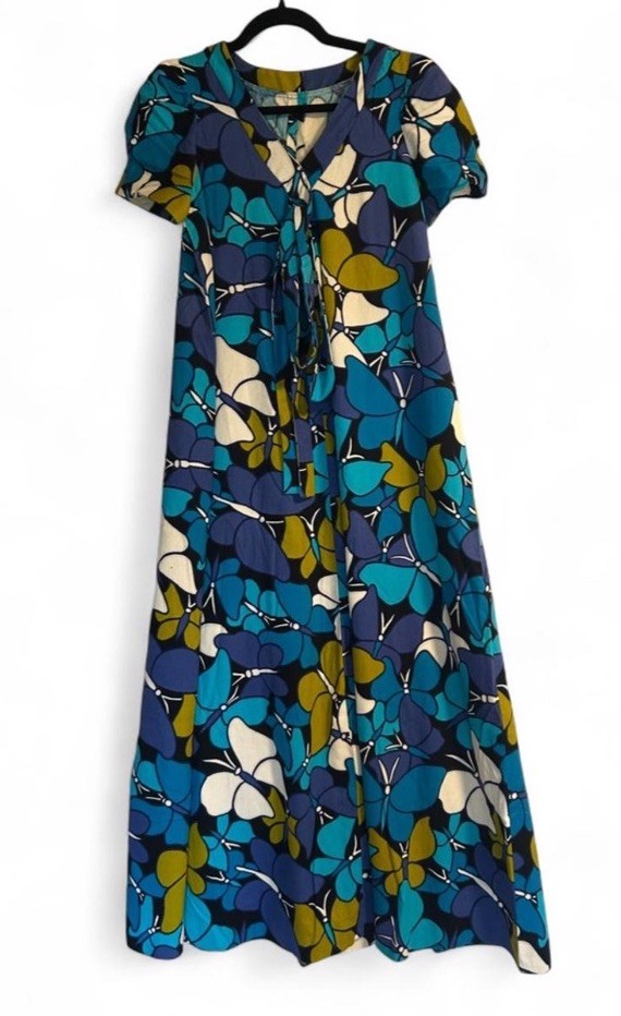 Handmade late 1960s/early 70s Hawaiian cotton barkcloth butterfly maxi dress S/M