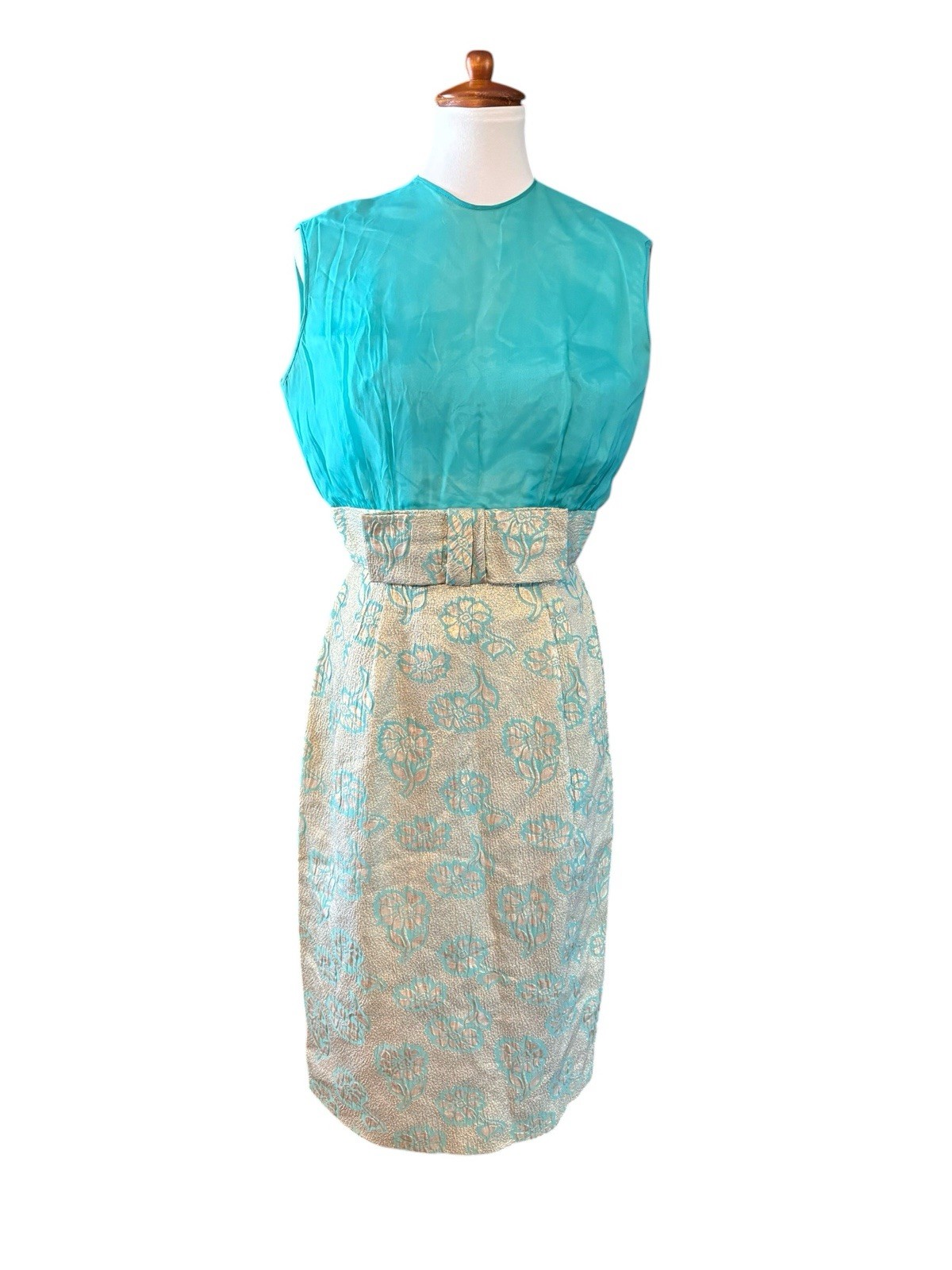 Vtg 60s Wiggle Dress Bow Cocktail Party Wedding Elegant Turquoise Gold Small