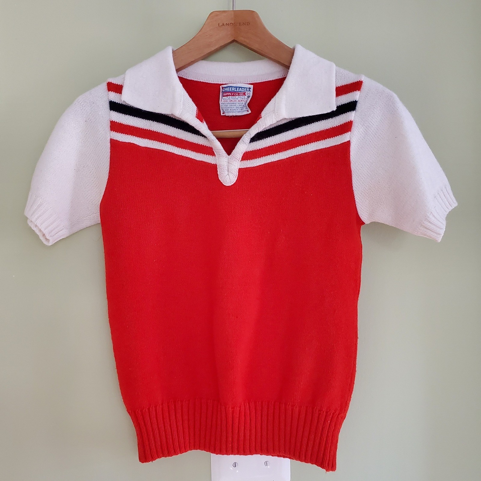 Vintage 70s Cheerleader Supply Orange White Striped Knit Polo Sweater Womens 34