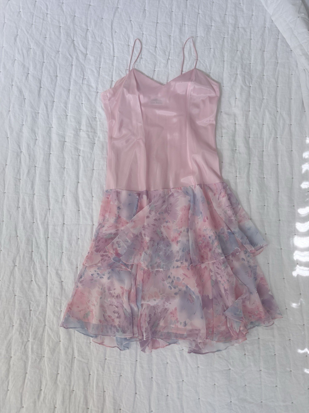 Vintage Cattiva by Maya Jornot Pink Satin Floral Tiered Ruffle Dress No Size