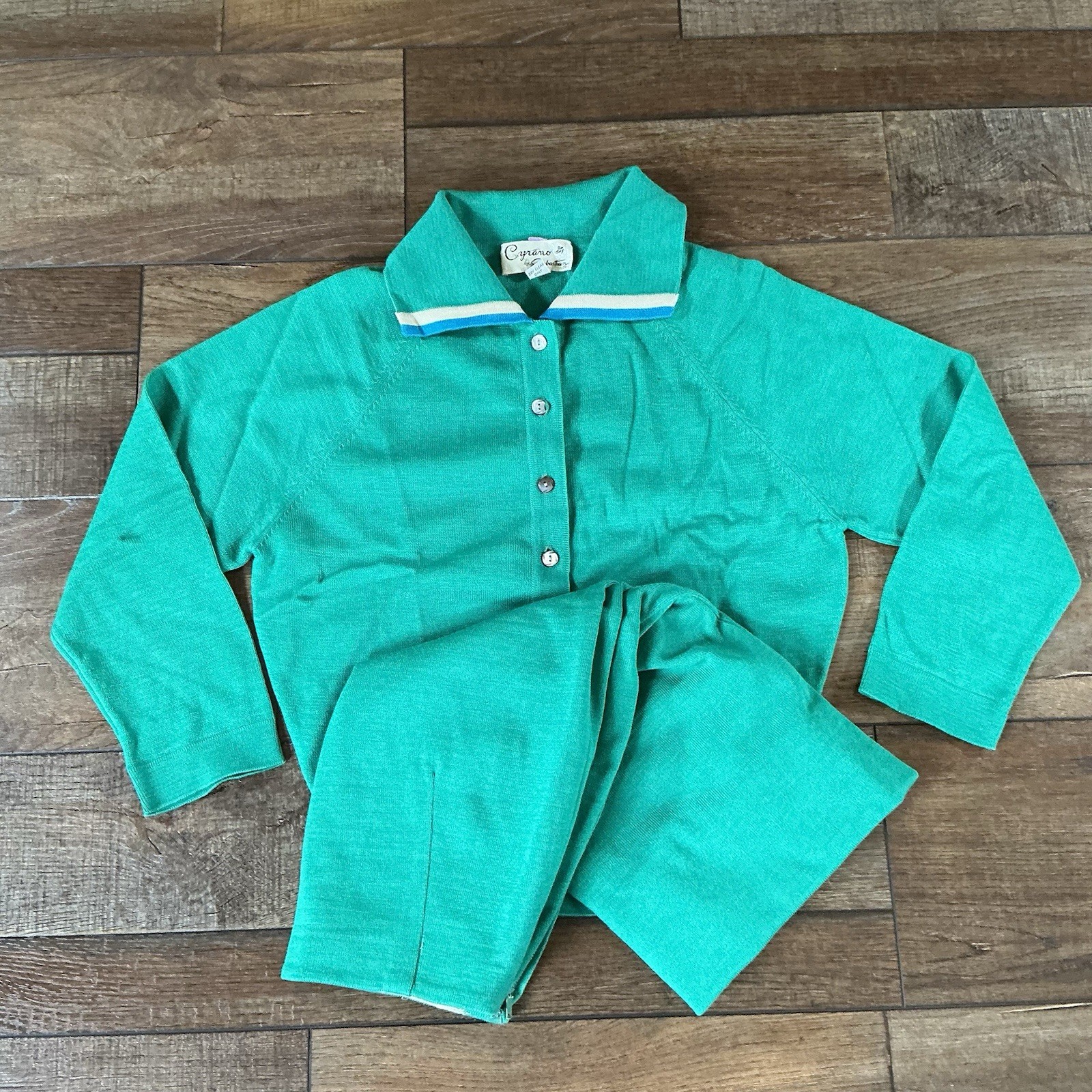 VTG Cyrano by Sebastian Wool 2-PC Set Green Sweater Skirt Women’s Size S #81013