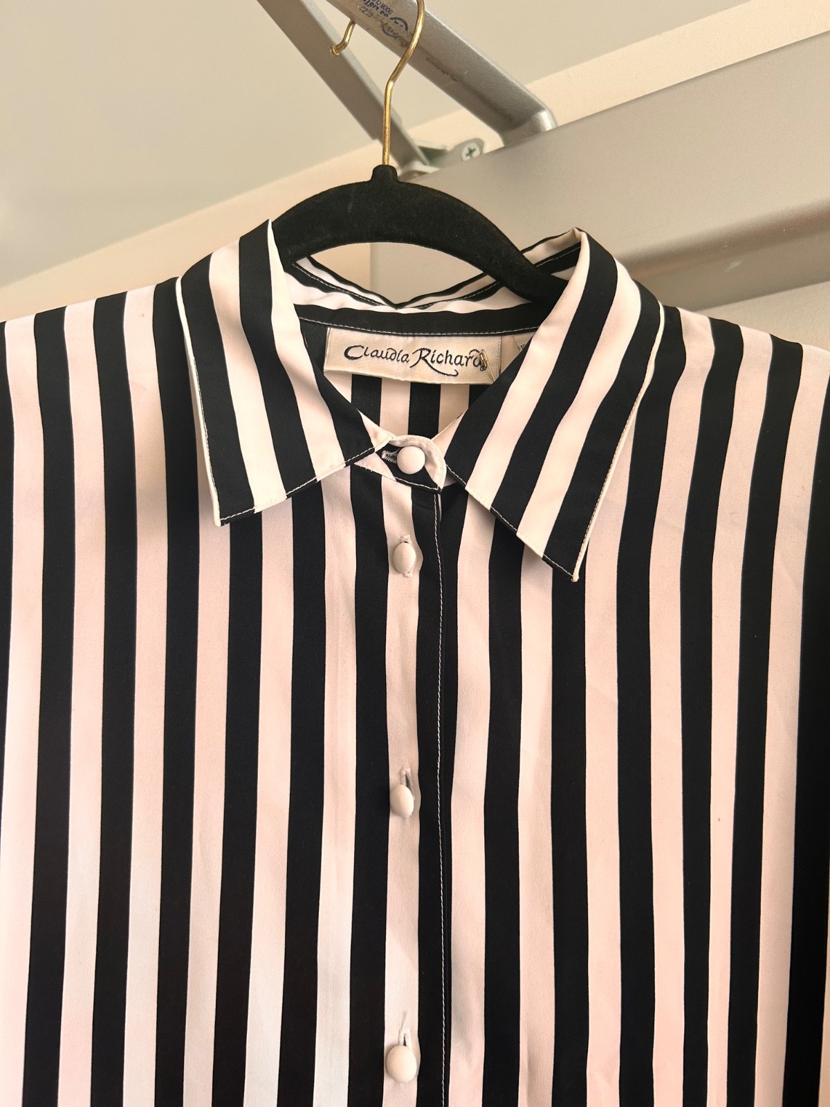 Vintage Claudia Richard Women black and white striped blouse / 14 / Plus Size 14