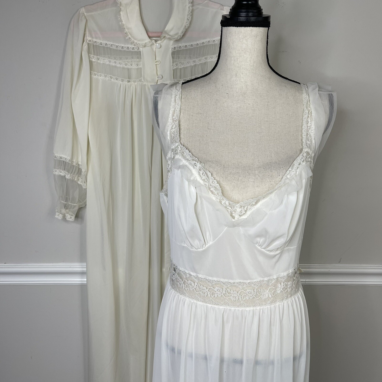 Vintage Dorella Long Ivory Nylon chiffon Full Nightgown Penior set Large Flaws