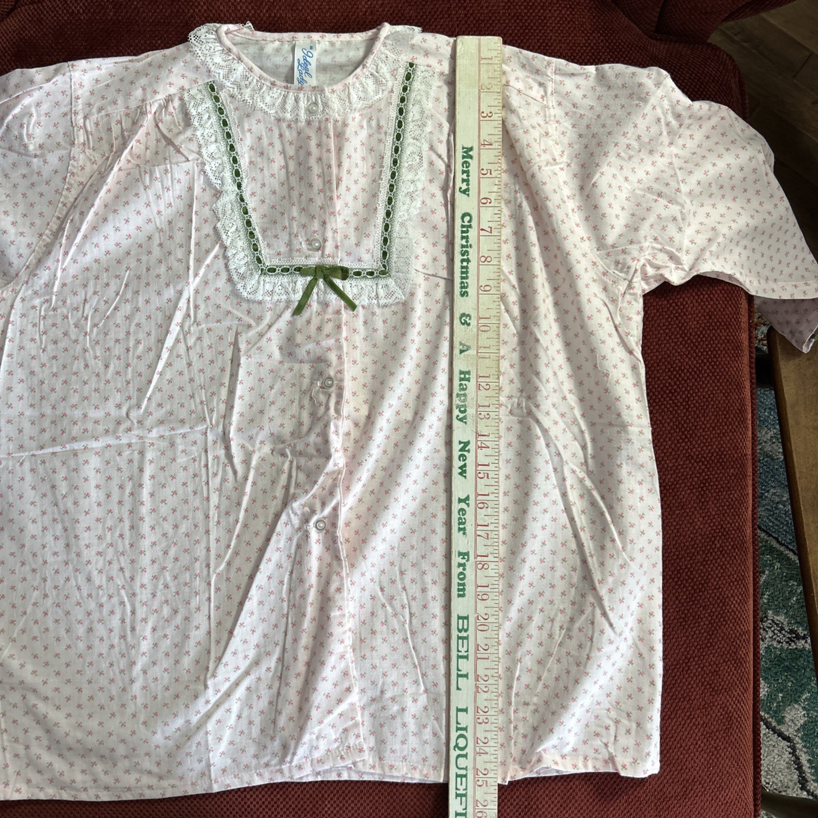 Vintage Ideal Lady Full Length Cotton Pajamas Size 40/L Pink Flowers Green Trim