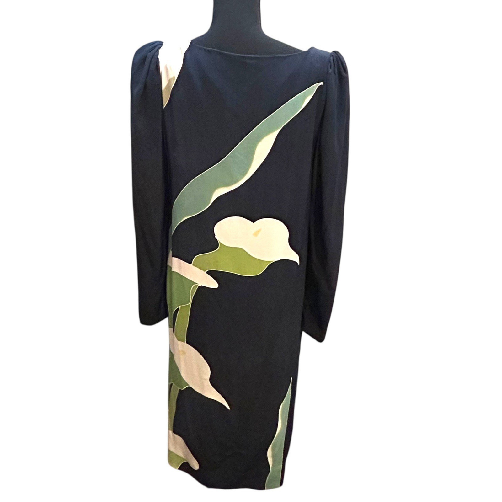 Vintage Navy Calla Lily Dress 1980s Puff Sleeves Size Small Shift Sutherland