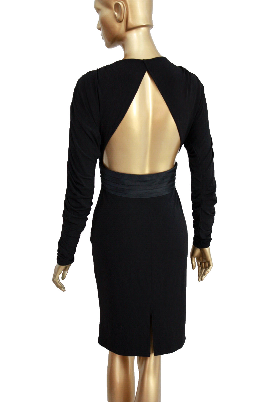 Vtg Sexy Bodycon CUTOUT Silky Black Tuxedo Ruched knit dress by Sue Wong 6 S