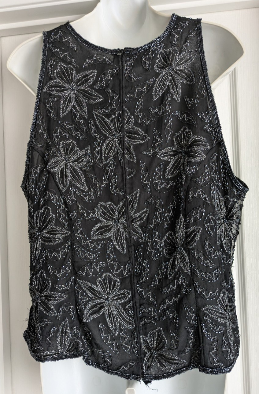 Vintage Laurence Kazar Black Silk Beaded Evening Bridal Shell Sleeveless Top 1X