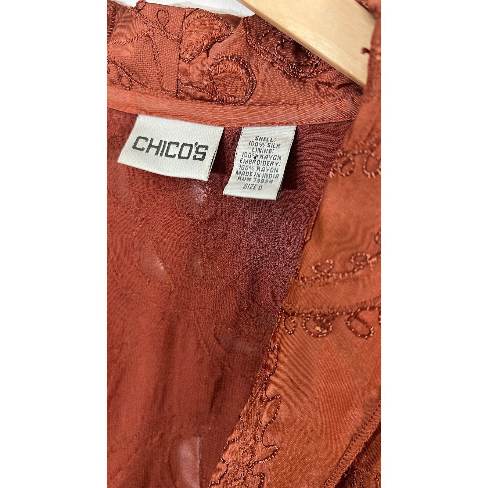 Vtg 90s Chico’s Design 100% Silk Embroidered Jacket Rust Art to Wear OS
