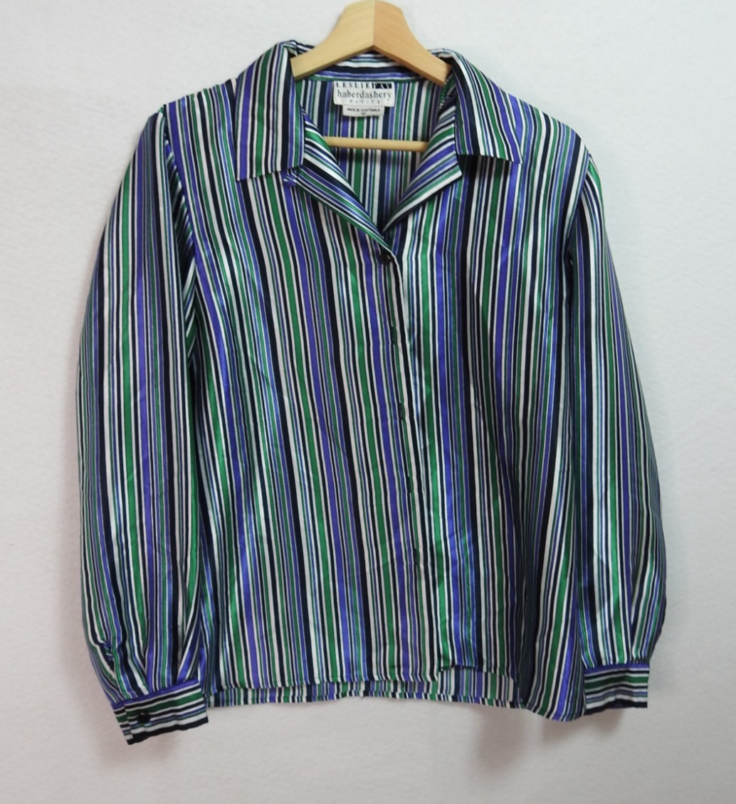 Vintage Leslie Fay Petite Size 10 Striped Button Front Blouse Statin Purple