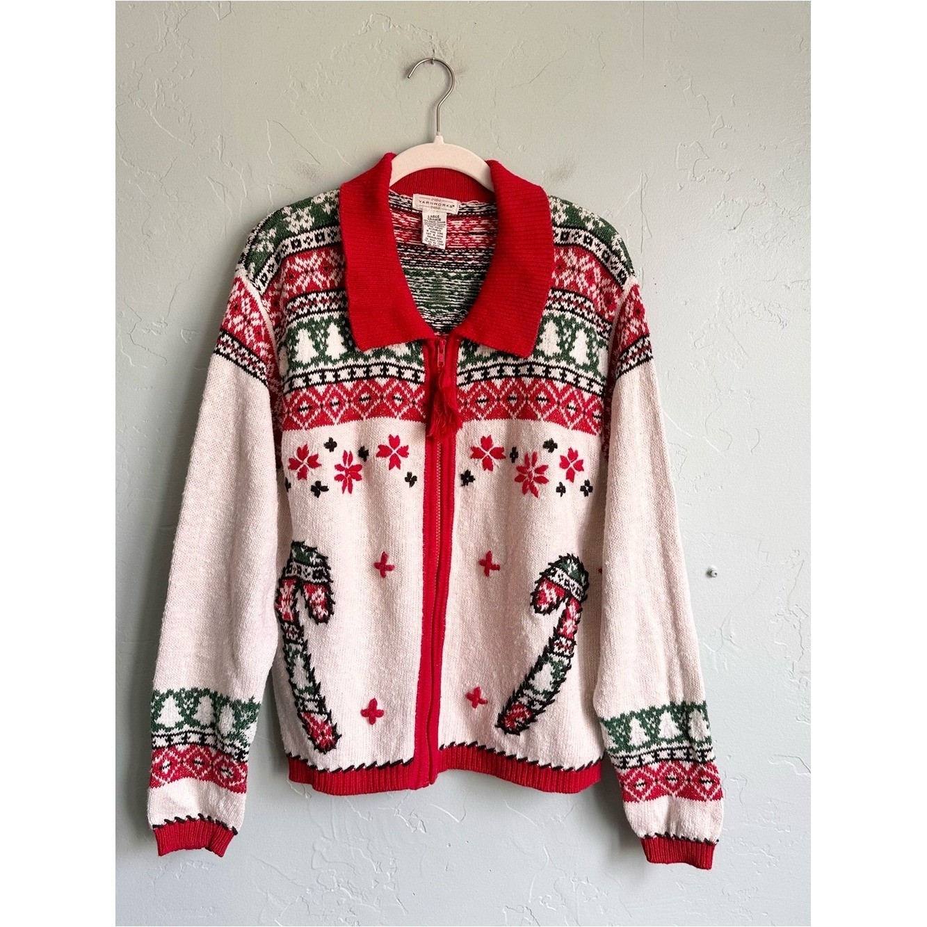 Vintage Yarnworks Holiday Candy Cane Zip Cardigan Sweater Christmas Cottagecore