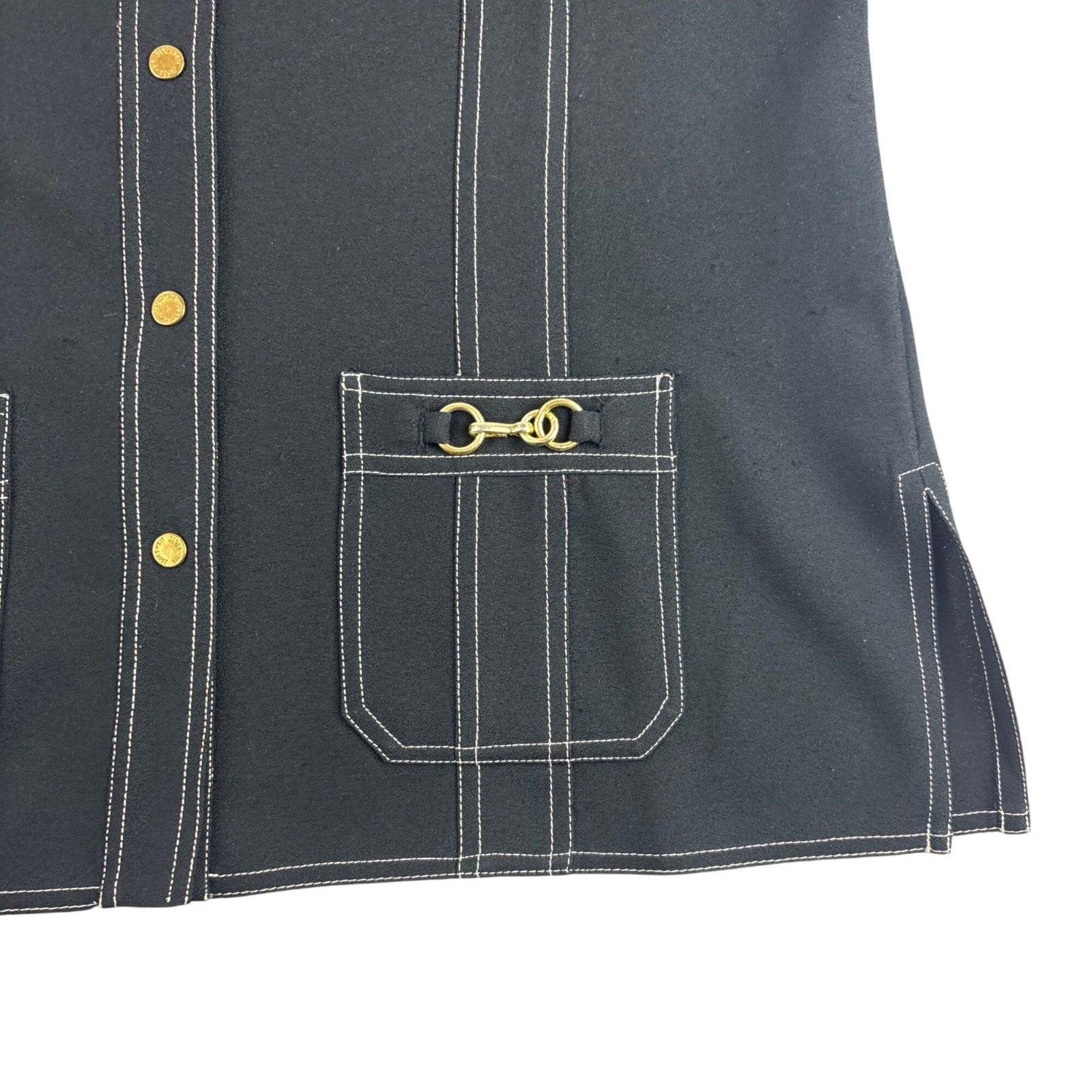 Vintage 70s Black Blouse Womens Large Gold Buttons & Buckles Button Down Shirt