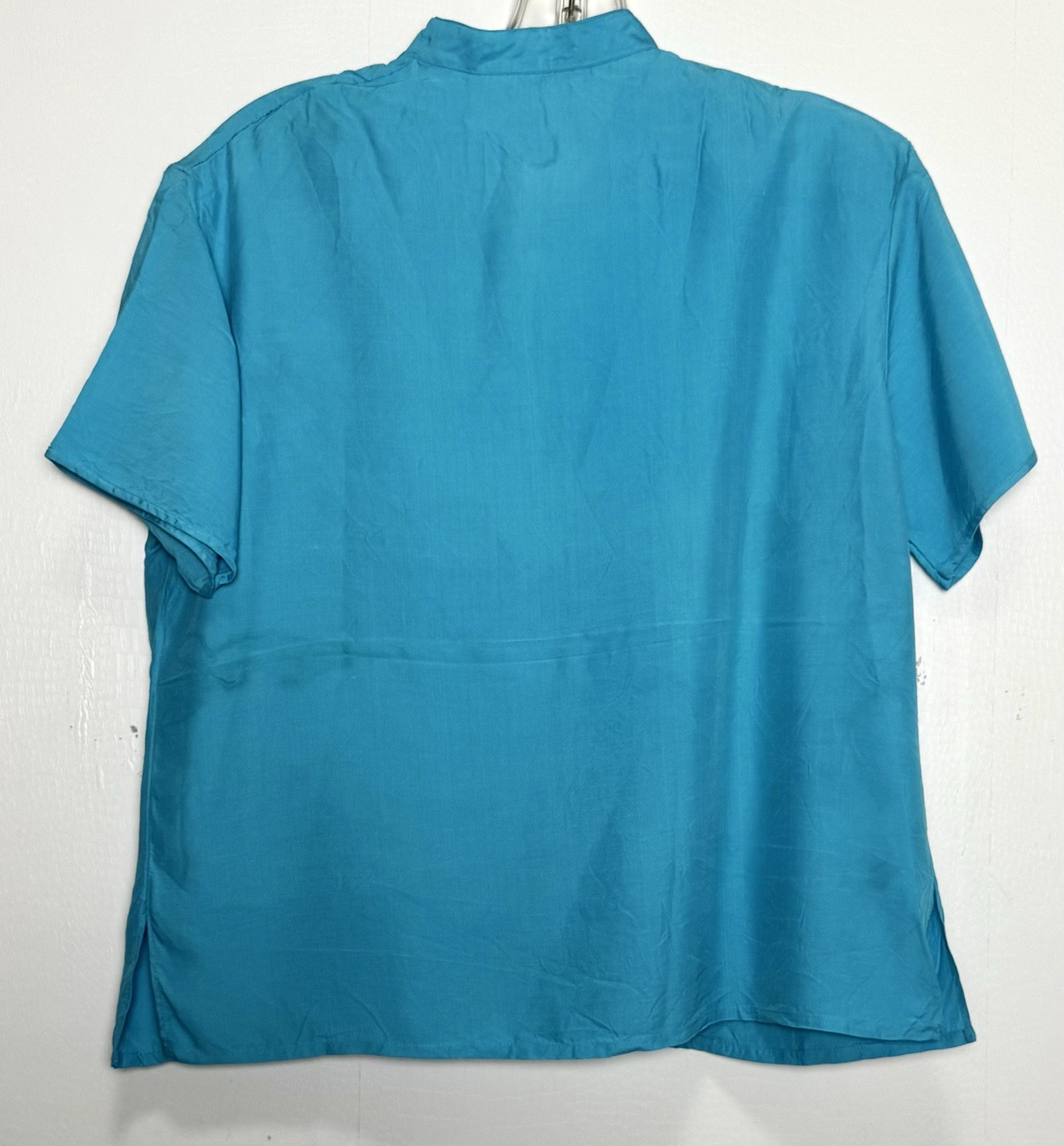 Vtg 80s Turquoise Mandarin Top M Floral Embroidered Frog Closure Rayon Japan