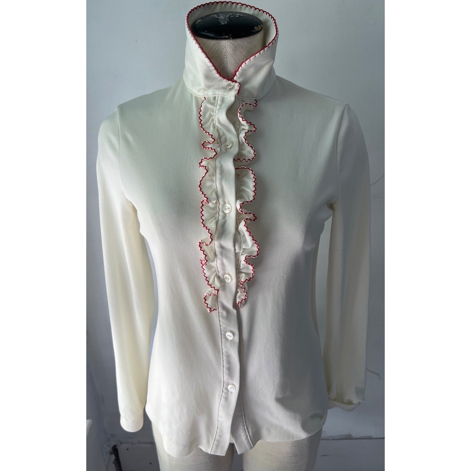 Vintage Cream Ruffle RenFaireTuxedo Retro Blouse Red Contrast Stitch Long Sleeve
