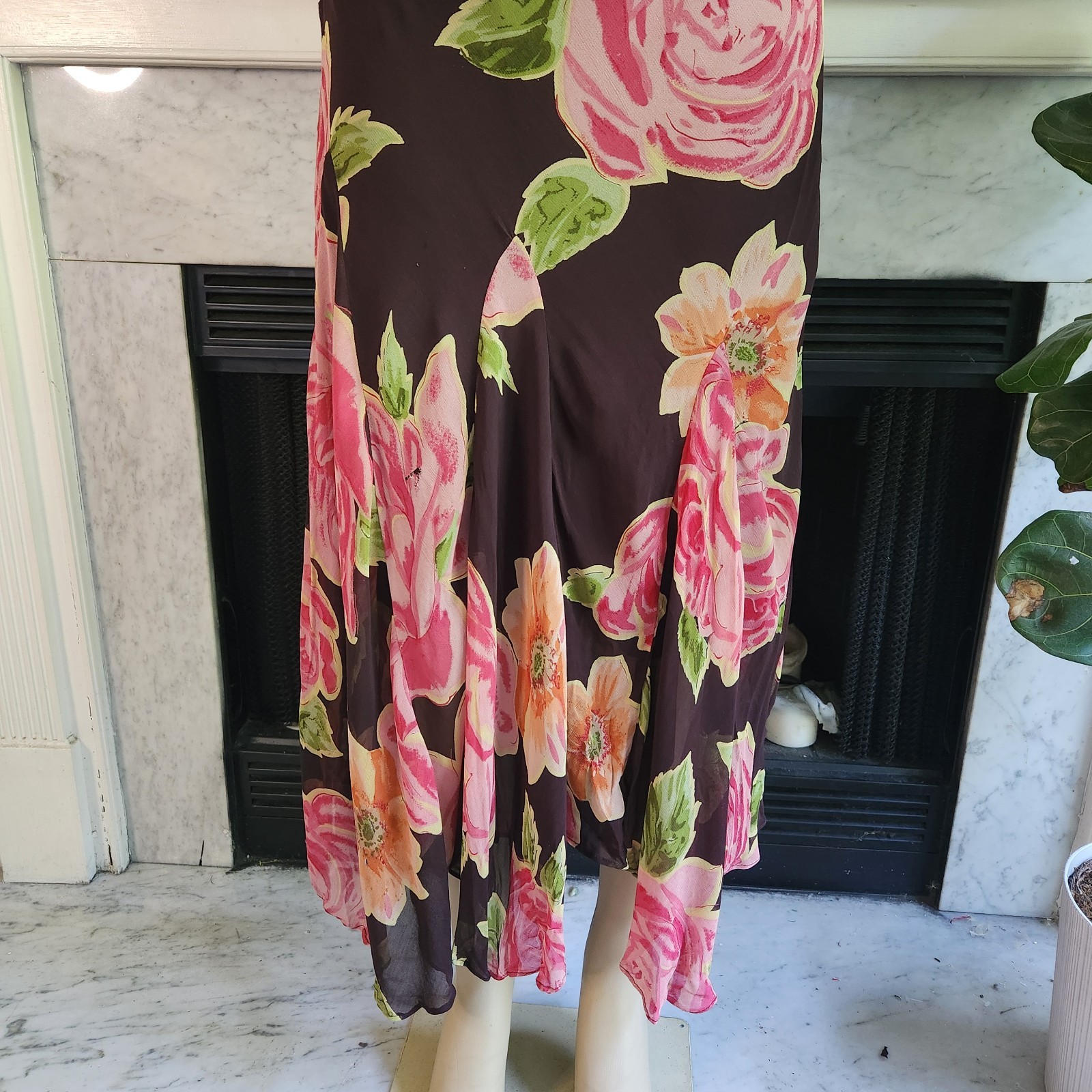 Vintage Y2K Brown Floral Tank Dress Pink Maxi Sequin Romantic Boho Size Large