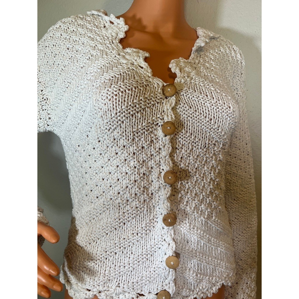 Vintage Handknit Cardigan White Cotton Cottagecore Sweater SIZE?