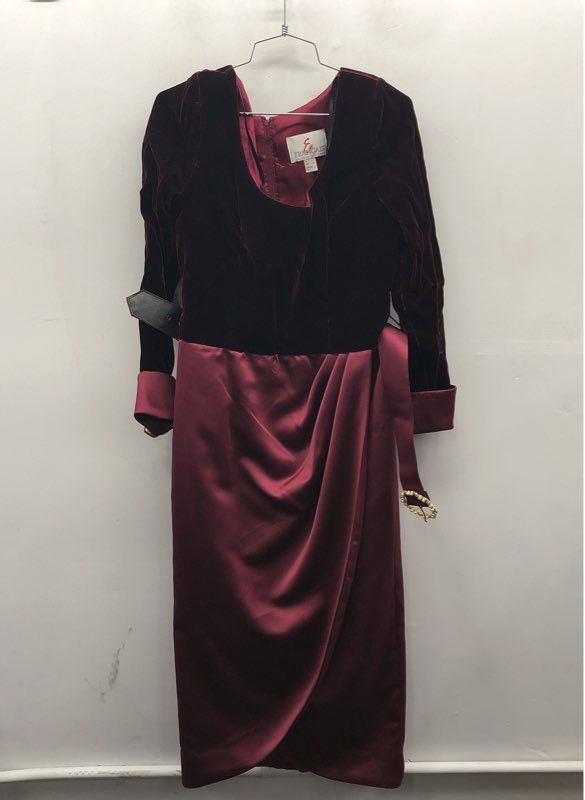 Vintage 80s En Francais Huey Waltzer Women’s Burgundy Velvet Satin Wrap Dress 10
