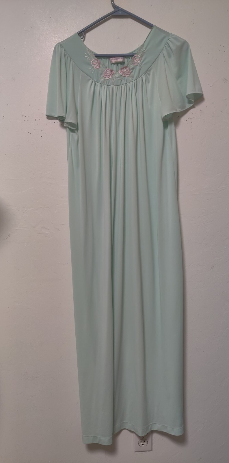 Vintage Shadowline Long Nightgown Small Aqua Green Embroidered Floral **Flaw