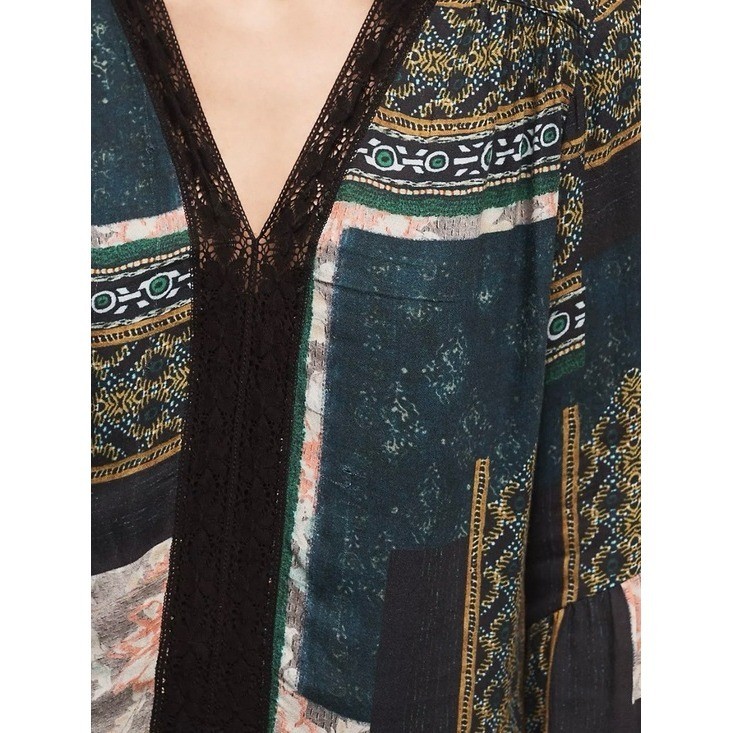 Anthropologie Maeve Patchwork Lace Trim Peasant Mini Dress Tunic Green Size XS