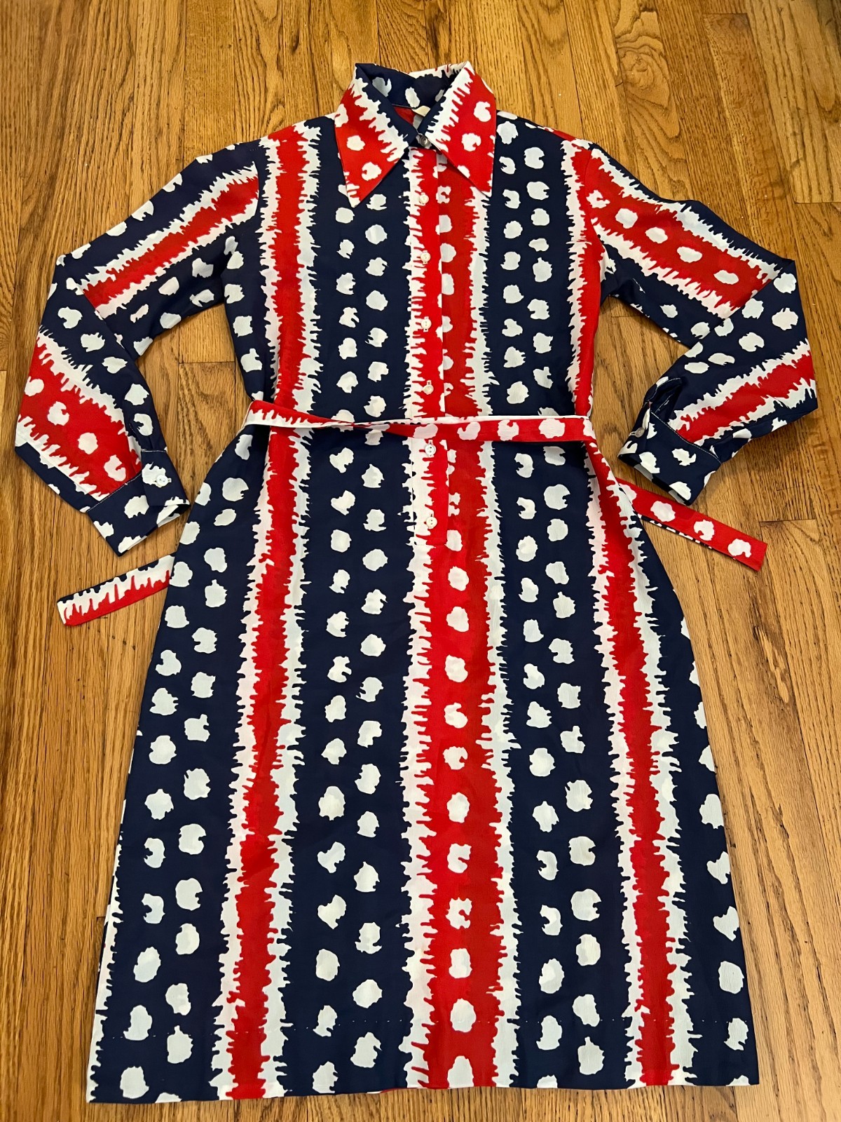 VTG 50s-60s Fritzi San Francisco Midi Dress Large Belted Wrap Tie Red/White/Blue