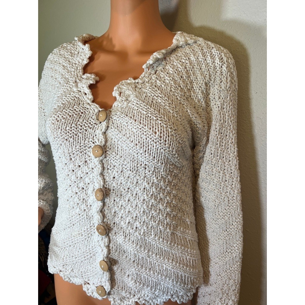 Vintage Handknit Cardigan White Cotton Cottagecore Sweater SIZE?