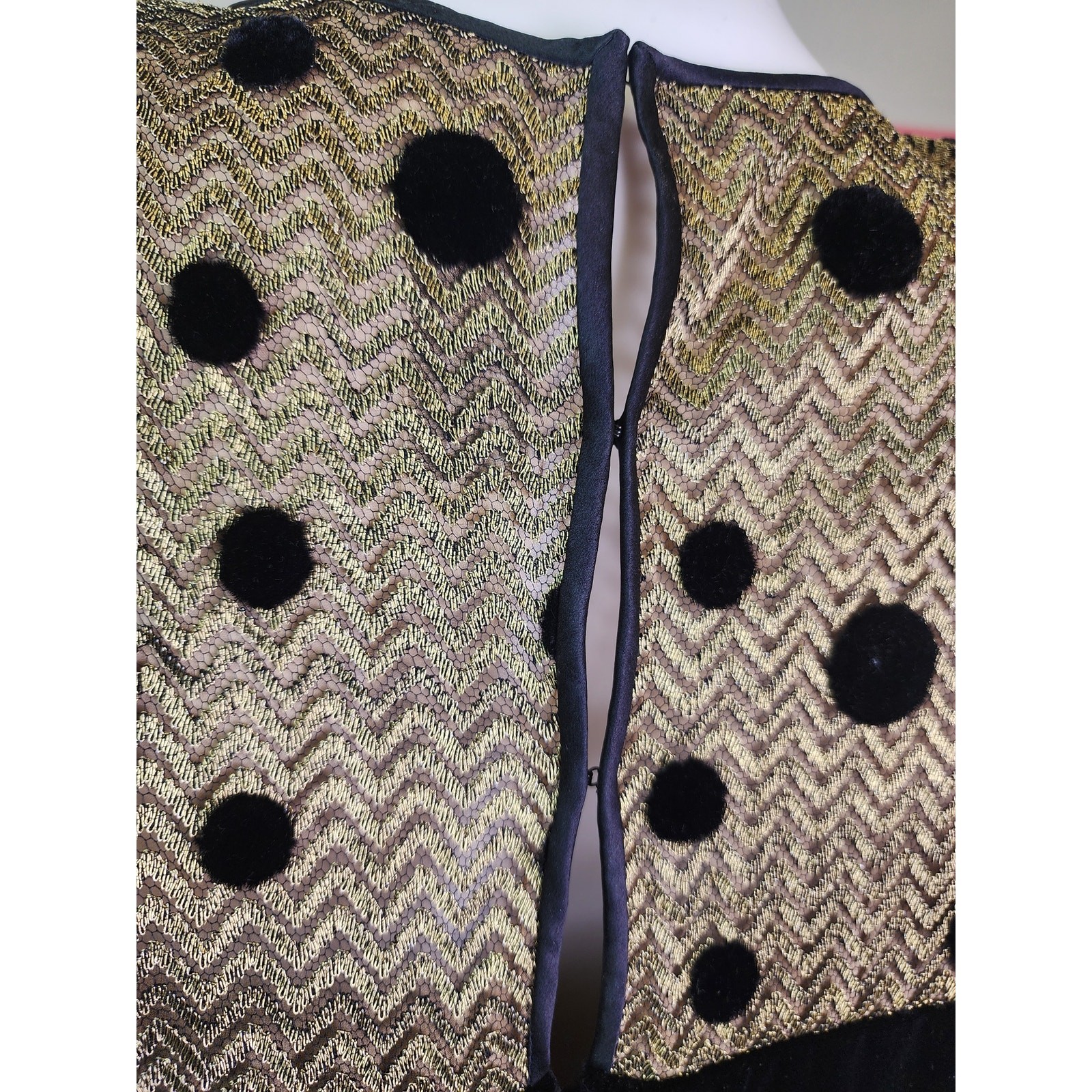 Vintage 1980’s Black Velvet Metallic Gold Polka Dot Long Sleeve Cocktail Dress
