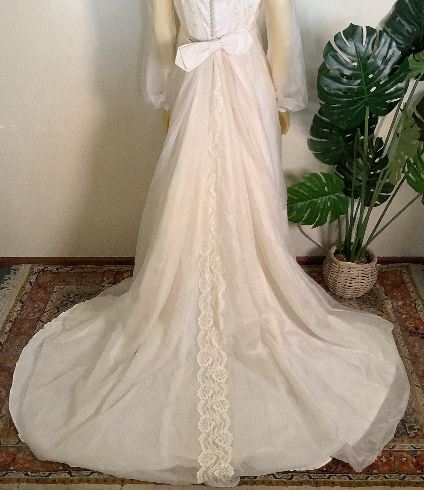 1970s Bridal Originals Regency Inspired Empire Waist Lace Wedding Dress & Train