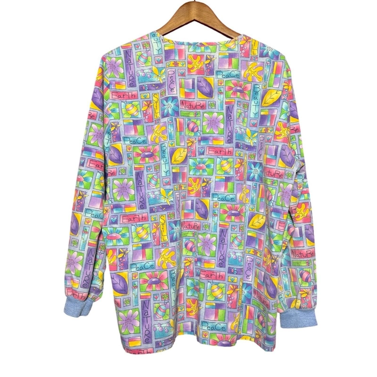 VTG SB Fashion Scrubs Jacket Women XL Multicolor Nature Peace Earth Beauty Print