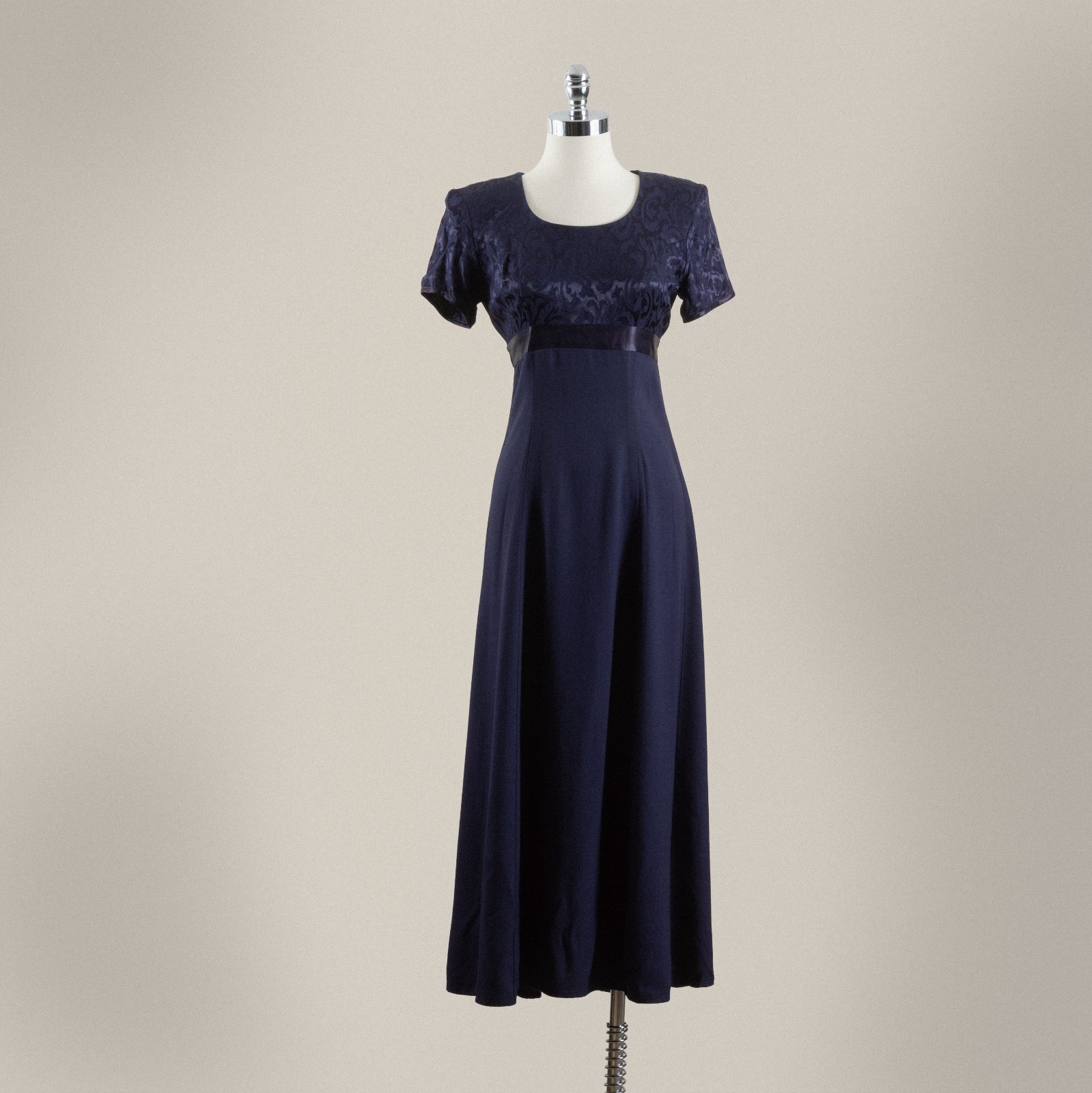 VTG 90s Be Smart Damask Maxi Dress 5/6 Navy Blue Crepe Empire Waist Prom Formal