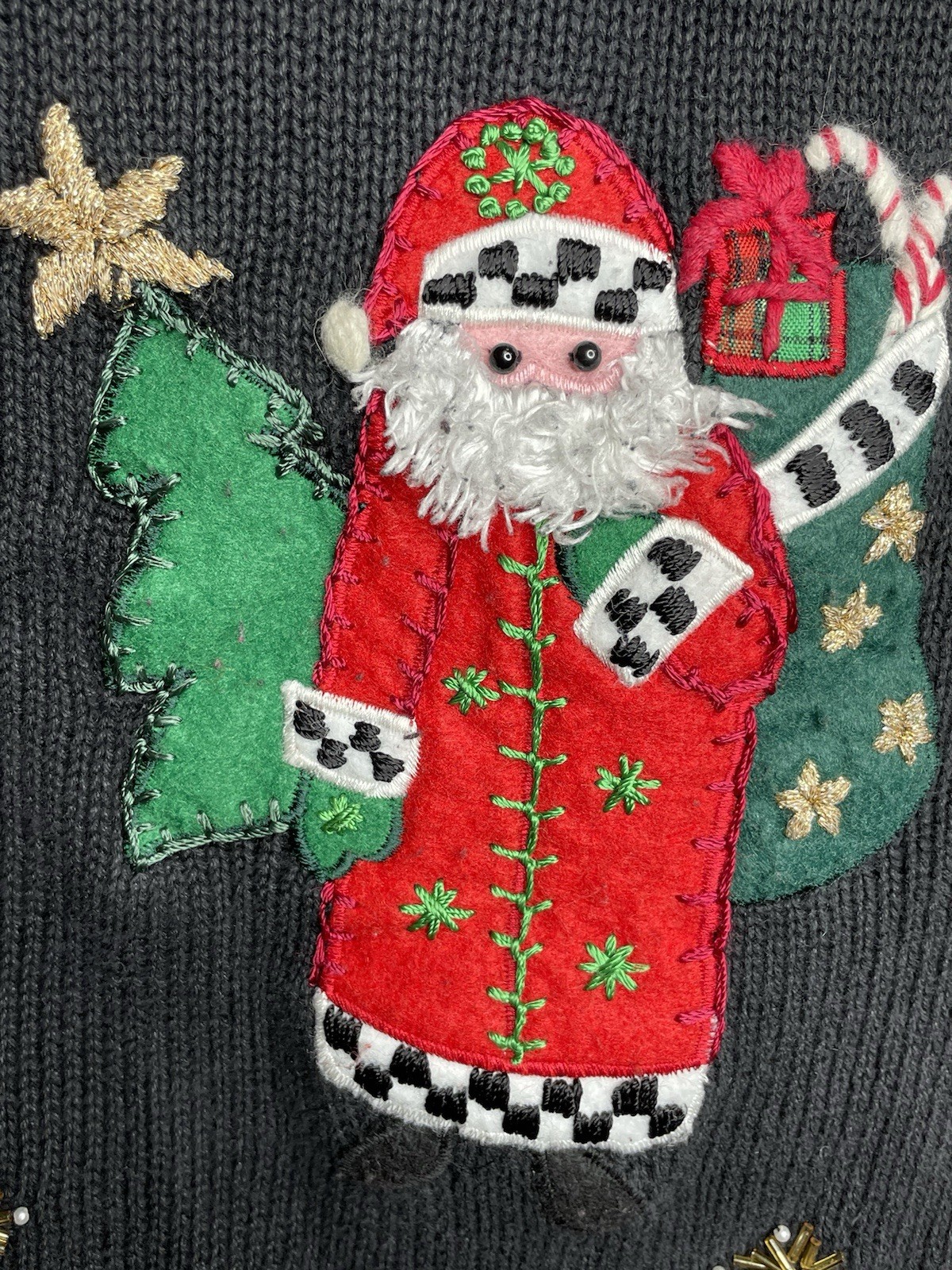 Vintage Christmas Sweater Jacket 1X Santa Embroidered Zip Cardigan Holiday Folk