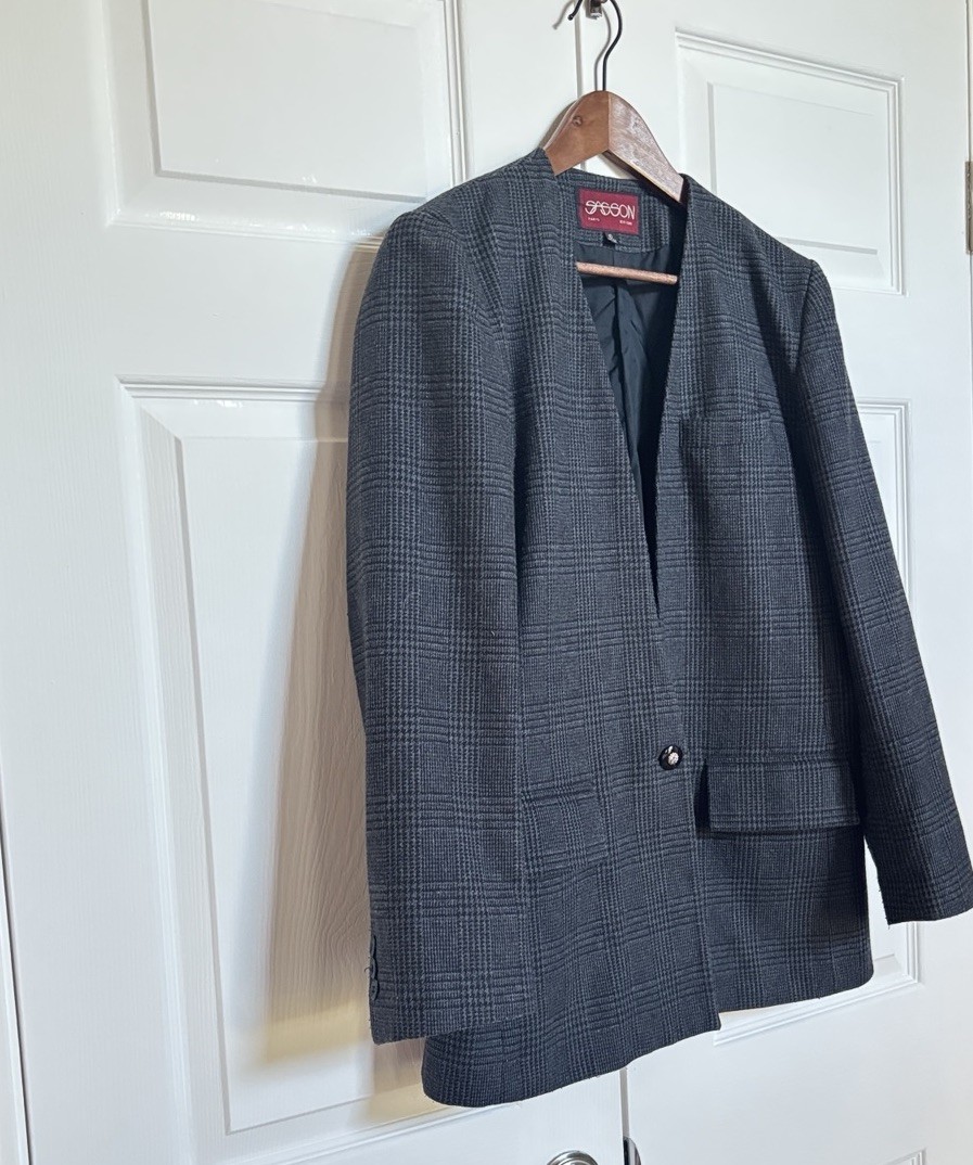 Sasson Paris NY Blazer Jacket Gray Plaid One Button Lined Womens Size 10