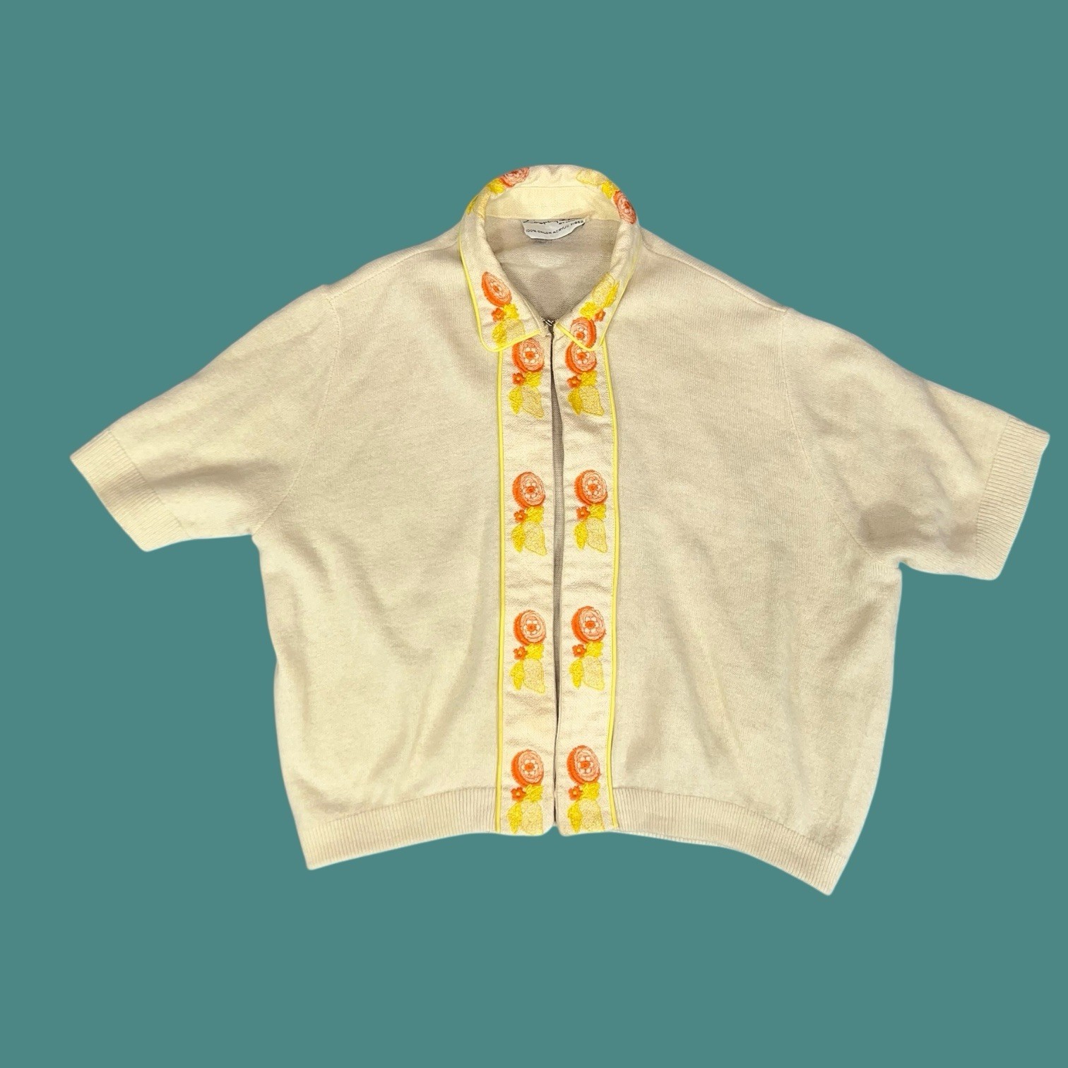 CITRUS FRUIT SALAD KNIT SWEATER ART DECO SWING ROCKABILLY VTG MCM MOD CARDIGAN