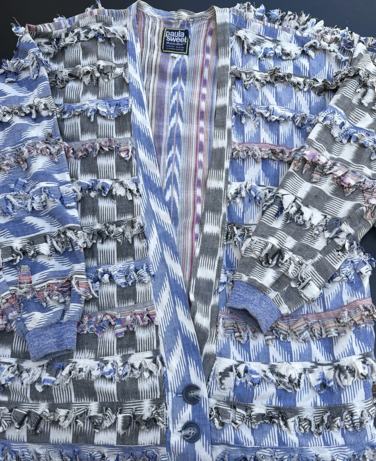 Paula Sweet Muslin Mink Ikat Lightweight Cotton Gray White Blue Jacket LARGE