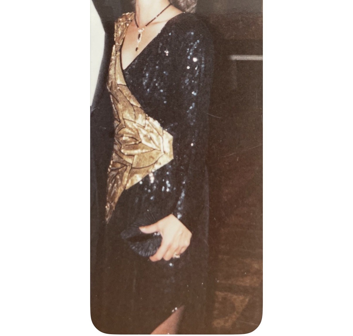 VTG Sequin Gown Dress 100% Silk 90s Black Gold Ruched V Neck Mob Wife Disco