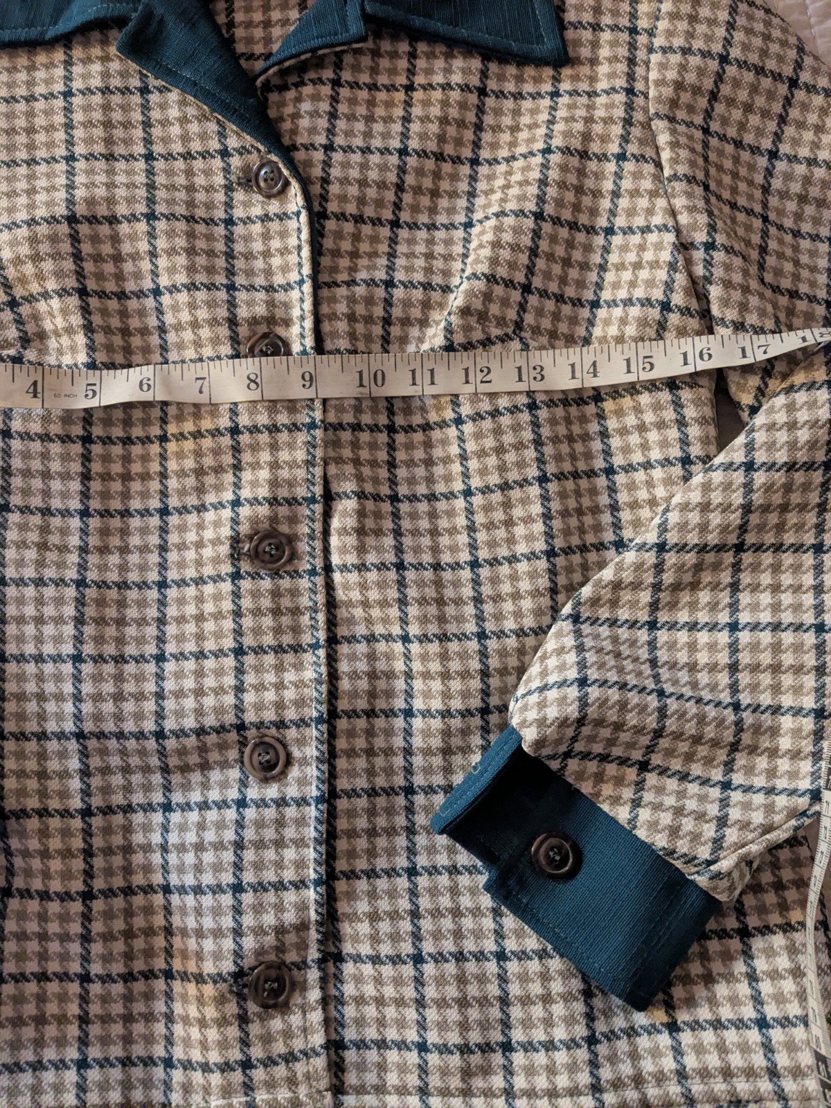 Vintage Handmade 70s Mod Plaid Shirt Dress Teal Collar Cuffs A-Line Retro Style