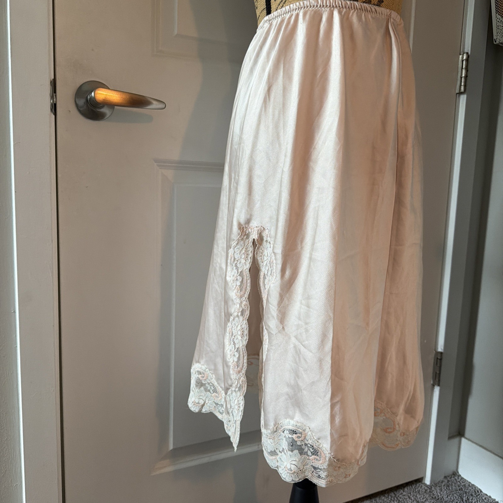 Vintage Christian Dior Intimates beige Satin Half Slip with White Lace Trim