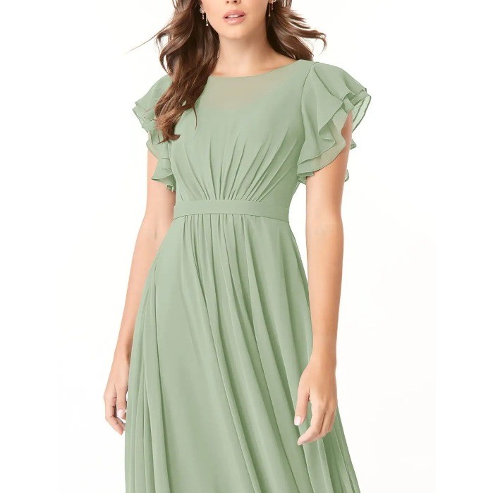Azazie Dusty Sage Daphne A-Line Ruffled Chiffon Floor-Length Dress Size A18 NWT