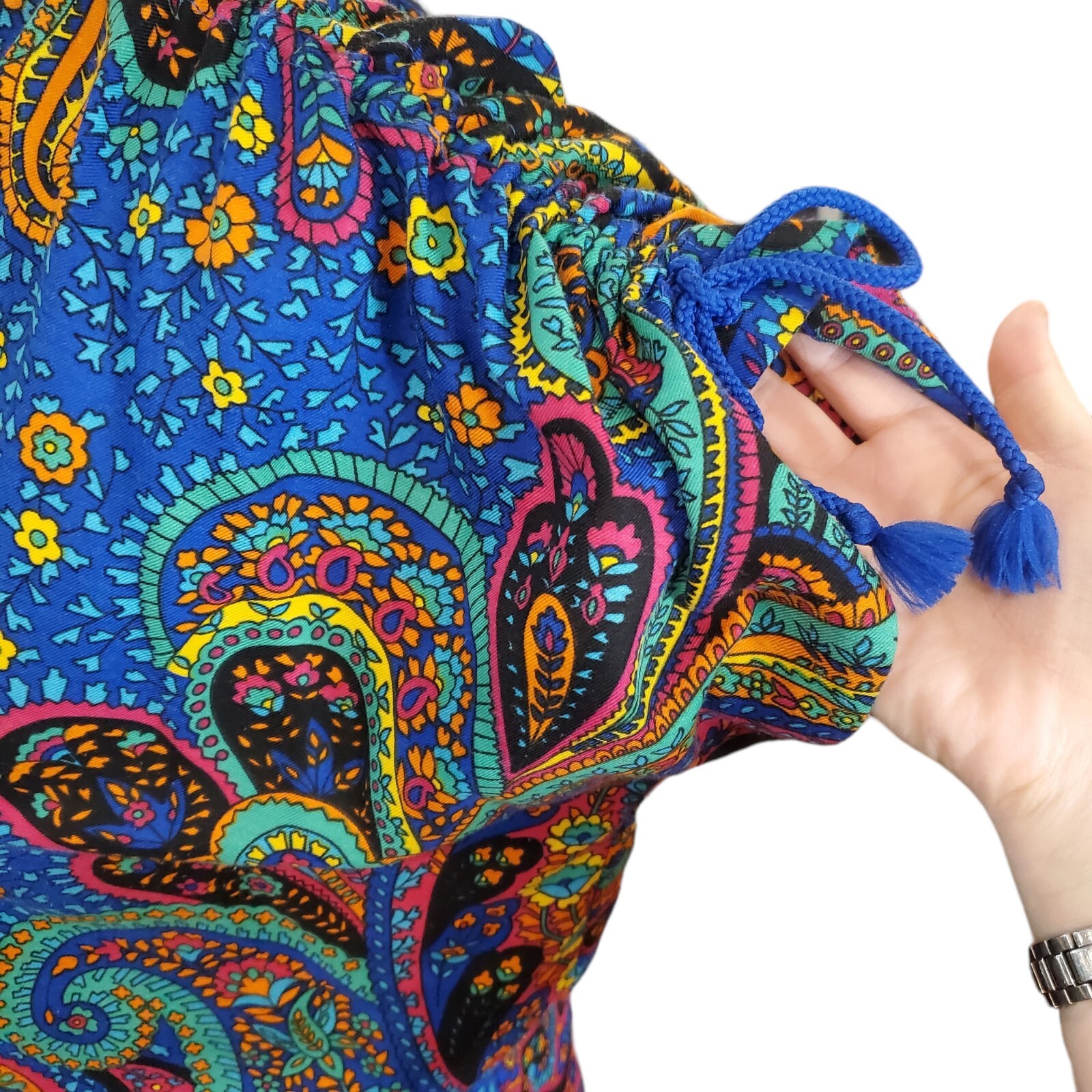 Vintage 70s Colorful Paisley Midi Skirt Set Sz Large Blue Short Sleeve Retro