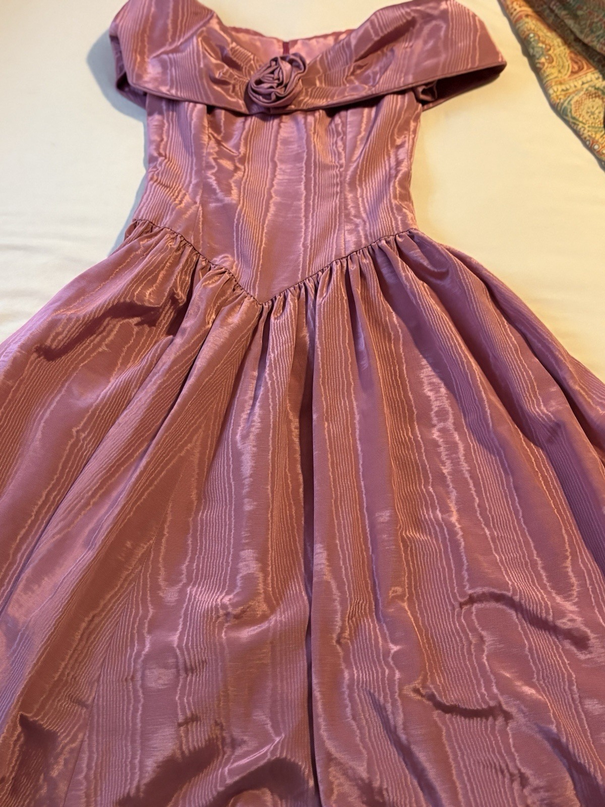 Vtg Handmade Rose Pink Moire Taffeta Dress 80s Basque Waist Rosette Prom Small