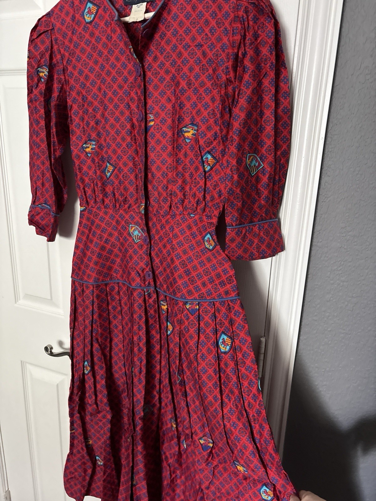 Vtg Kathryn Conover Shirtwaist Midi Dress Red Equestrian Preppy Horse Pleated 6