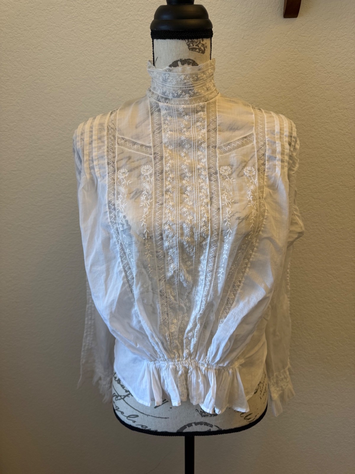 Antique Victorian Edwardian White Embroidered Lace High Neck Blouse Shirt