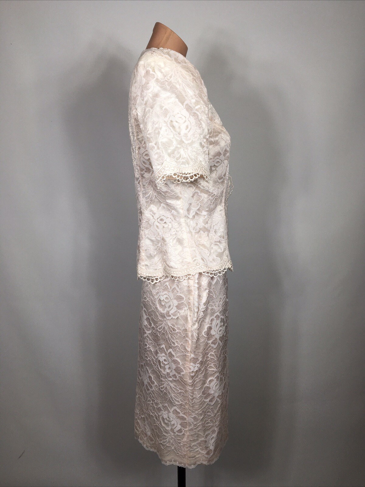 VTG 80s Lace Blush Pink Suit Skirt Pouf Sleeve Jacket Wedding Party DRESS P 6