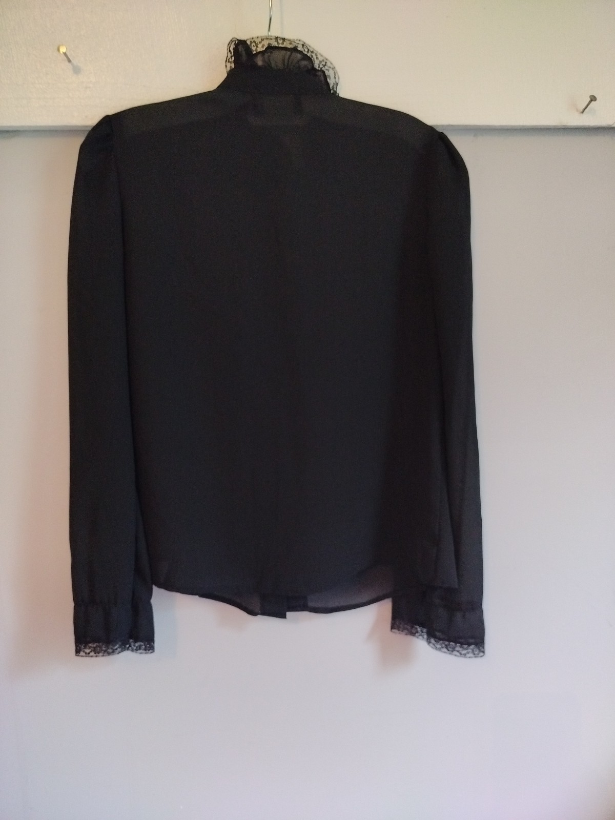 VTG Sauci Black Sheer Blouse High Neck Lace Trim Victorian Prairie Blouse Top M
