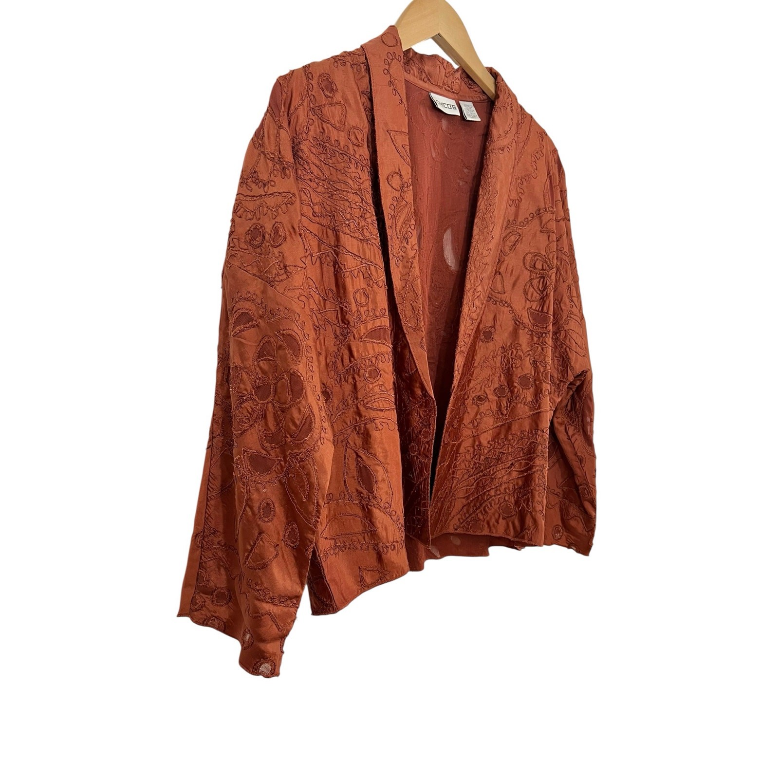 Vtg 90s Chico’s Design 100% Silk Embroidered Jacket Rust Art to Wear OS