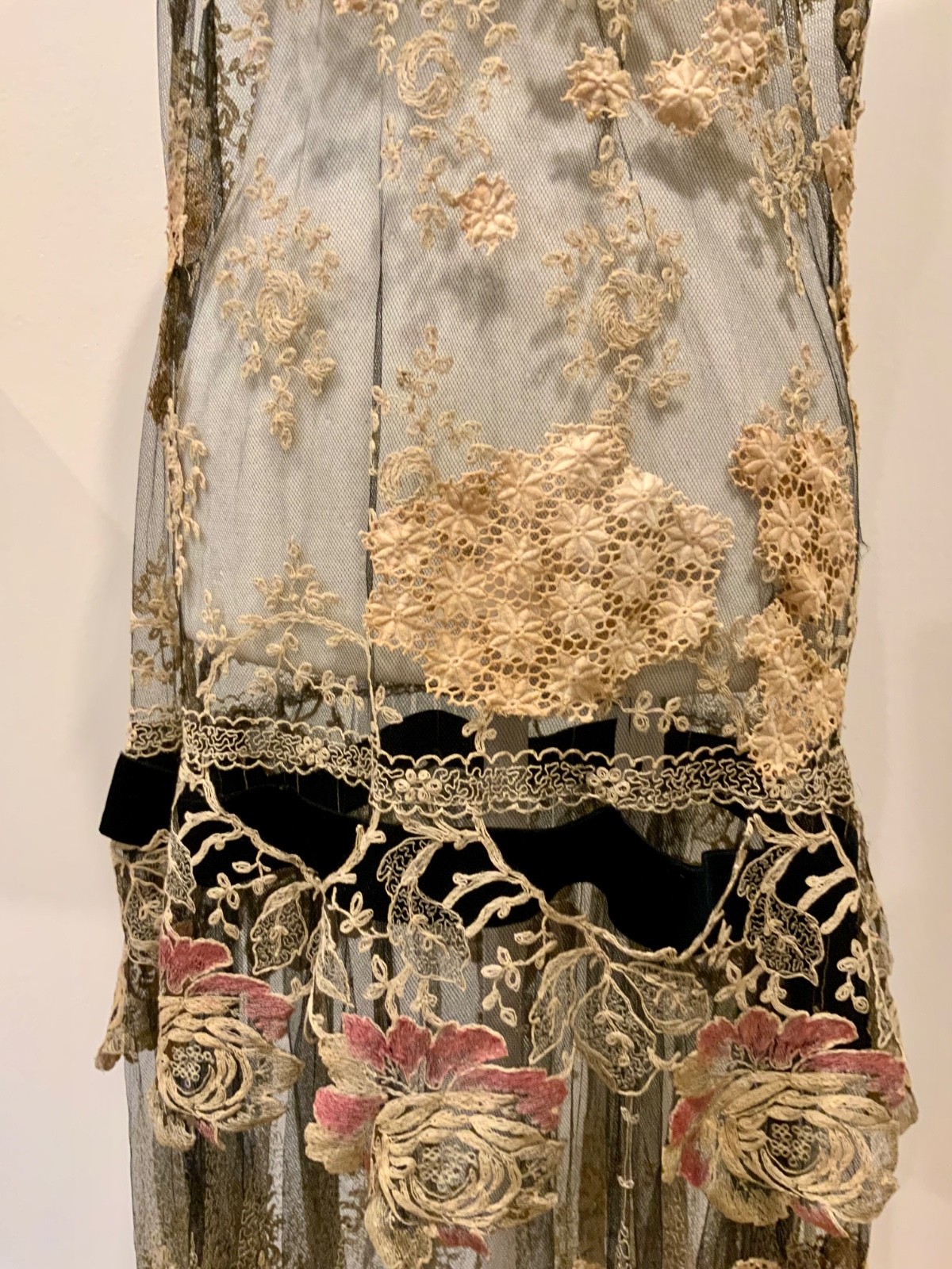 Rare 1920s French Lace Dress. Black Net & Pink Floral Embroidery. Restored S