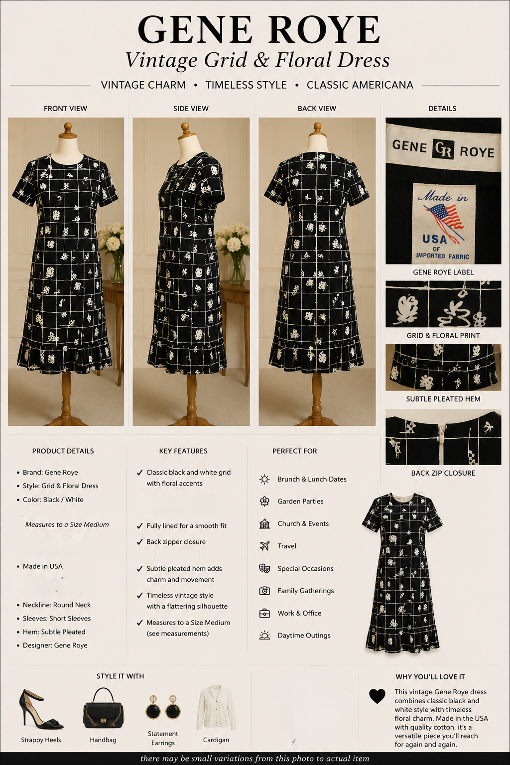 Vintage Gene Roye Dress Size 12 Black White Grid Floral Cotton Made in USA Midi