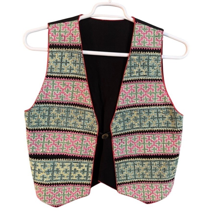 Vintage Hand Embroidered Cross Stitch Geometric Folk Vest Black Pink Green Small