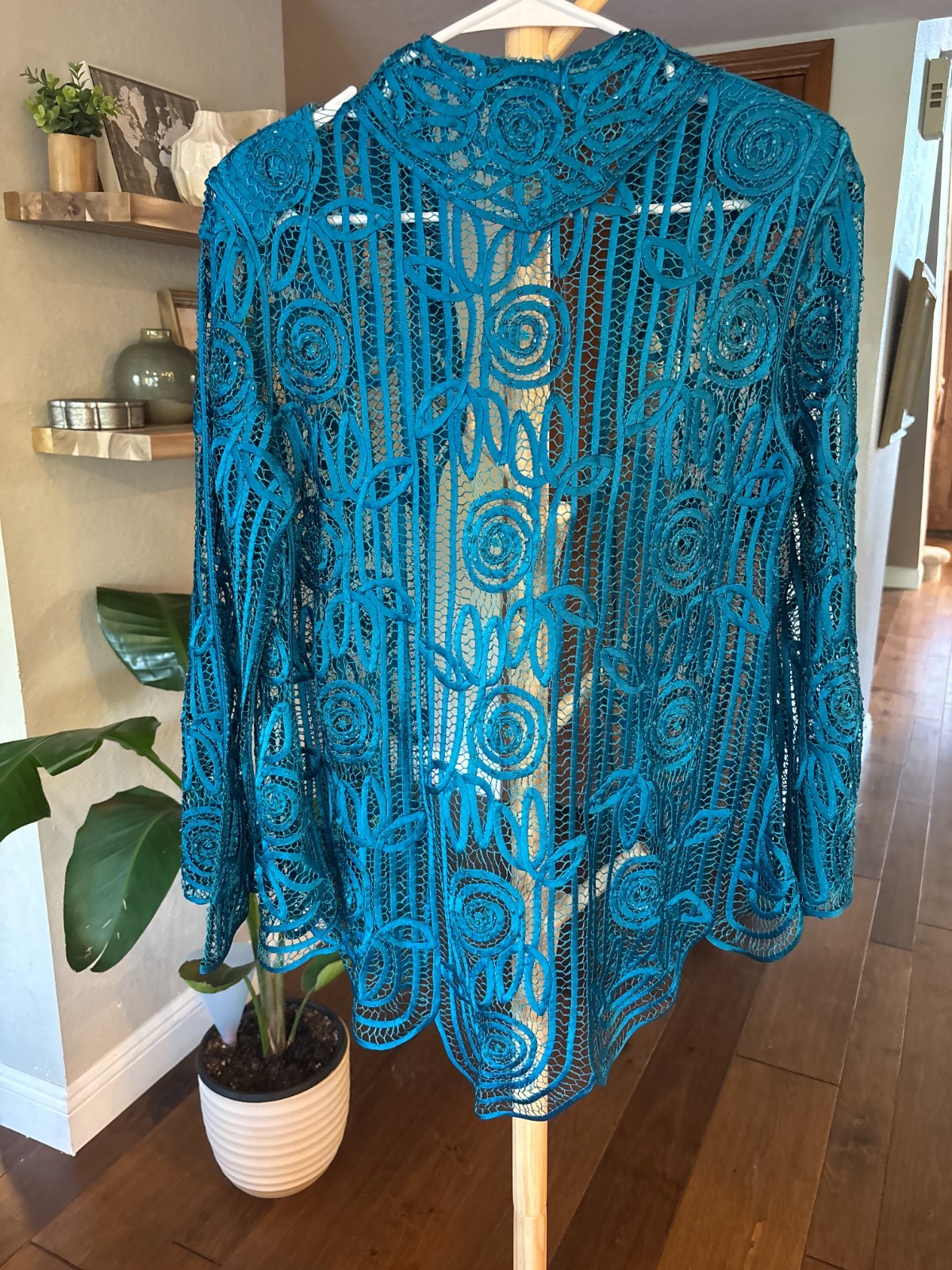 Soulmates 100% Silk Soutache Lace Open Jacket M Teal Handmade Art Deco Vintage